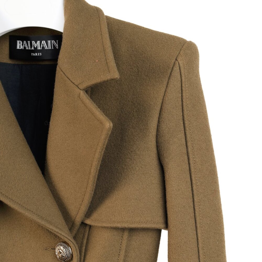 Balmain PF/14 Green Belted Double-Breasted Wool Trench Coat - Picture 5 of 14